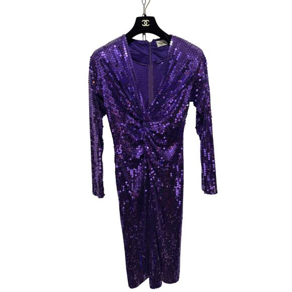Oleg Cassini Dress Womens 8 Purple Sequin Long Sleeve Knot Front Cocktail Midi - Picture 1 of 15